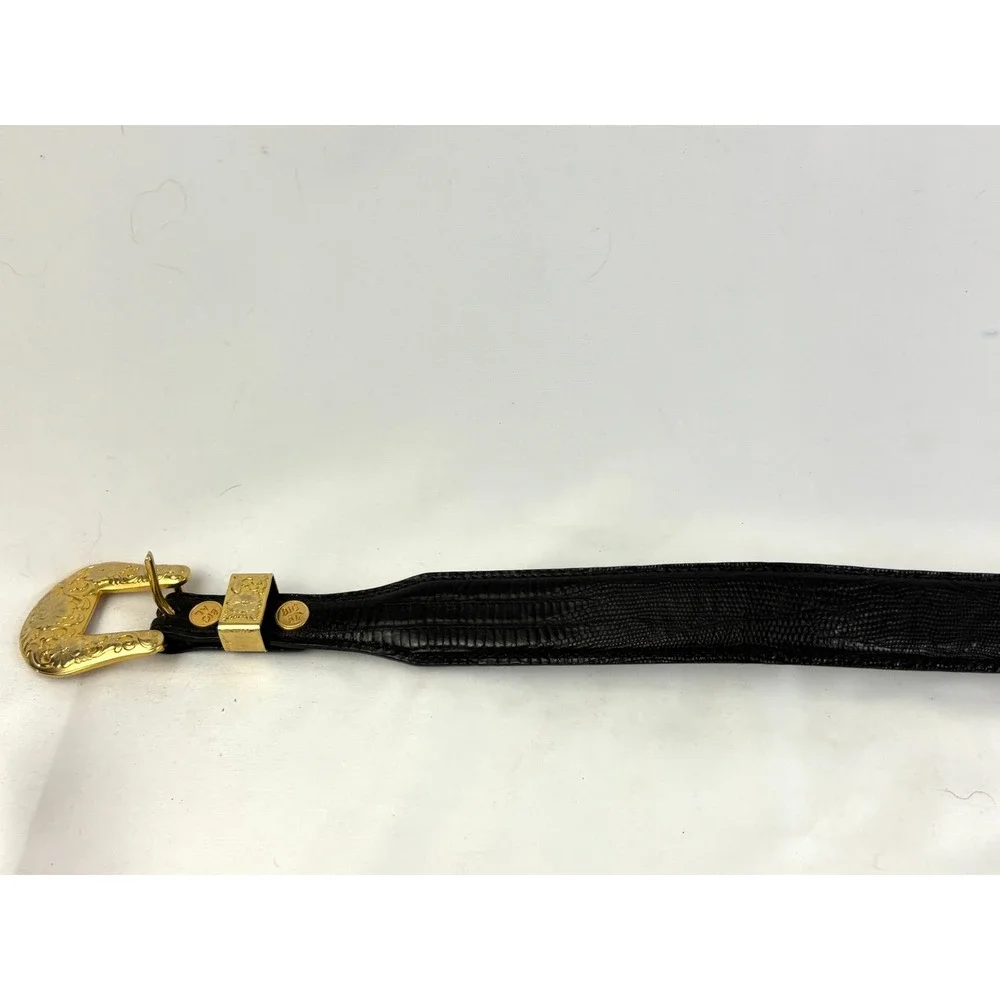 Big Al Western Leather Belt Gold Tone Buckle German Silver Black Size 28 Vintage
